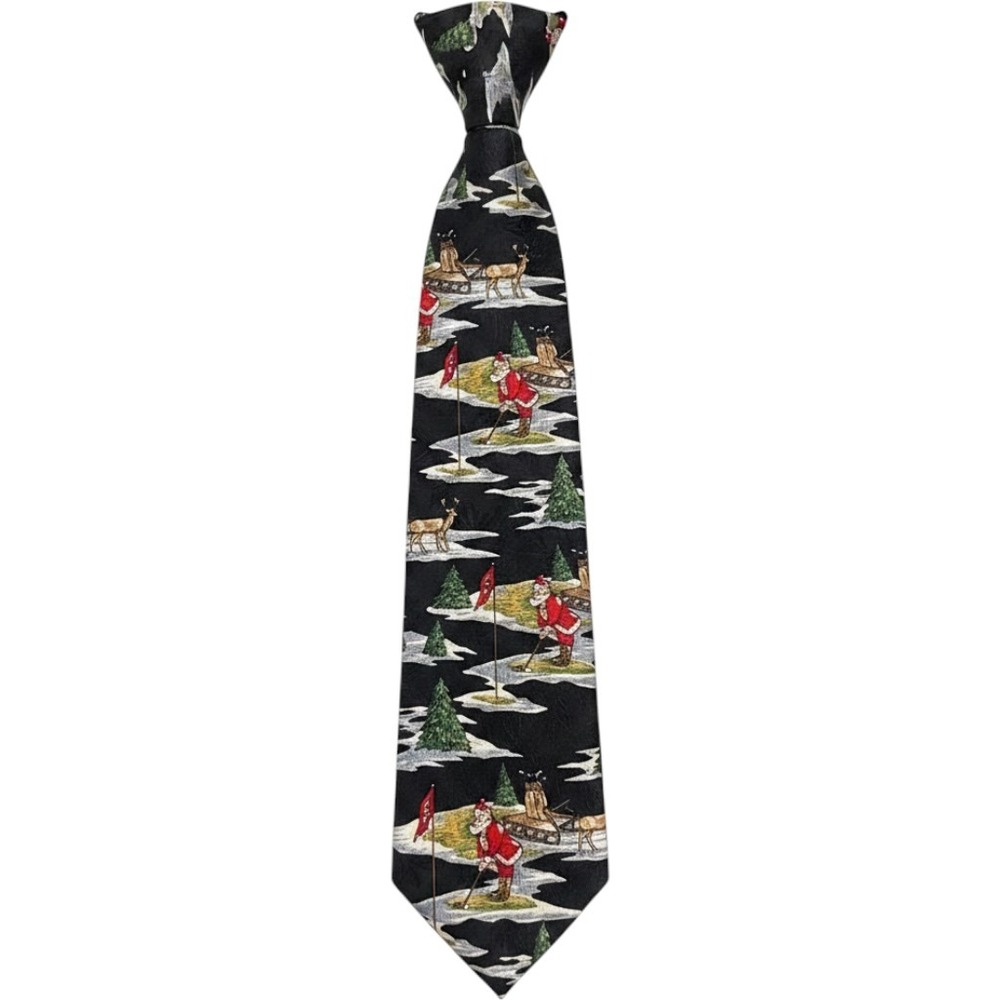 Golden Wreath Mens Christmas Golfing Santa Silk Necktie Black Holiday Novelty